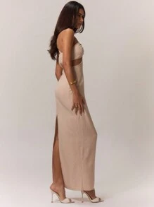 MUSERA Vestido longo elegante de tecido plano com decote assimétrico e franzido, perfeito para primavera, verão, férias, festas e formaturas. - Caqui - Ver 3