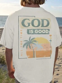 Plus Size Men's Summer Slogan & Palm Tree Graphic Round Neck Short Sleeve Casual T-Shirt - White - View 1