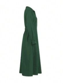SHEIN Unity Women's Casual Solid Color Long Sleeve Waist-Cinching Dress - Army Green - View 3
