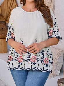 EMERY ROSE Plus Size Summer Floral Embroidery Raglan Sleeve Blouse - Multicolor - View 3