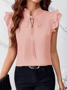 SHEIN Clasi Blusa con ribete de volantes y cuello de corbata para el Día de la Mujer - Rosa vieja - Ver 6