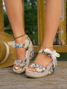 Sandálias Anabela de Plataforma Femininas, Sandálias Femininas de Tira Grossa com Bico Aberto, Sandálias Flatform à Prova d'Água com Estampa Floral, Sandálias Flatform de Bico Fechado Verão Novo - Multicolorido - Visão 5