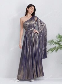 Women's Solid Color Metallic Fabric, Heavy Pleated Single Shoulder, Paired With Balloon Sleeves A-Line High-Low Hem Slit Dress, Suitable For Party/Wedding/Wedding Guest, Luxurious Evening Dresses For Women, Fall Women Clothes