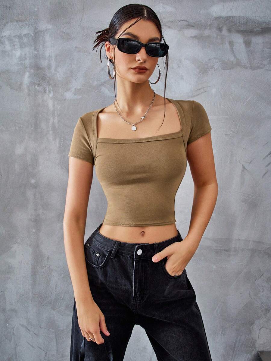 SHEIN EZwear 女士纯色天鹅领短款休闲短袖 T 恤 - 卡其色 - 查看 1