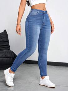 SHEIN Essnce Women's Tight-Fit Jeans For Daily Casual Wear With Pockets - Light Wash - View 5