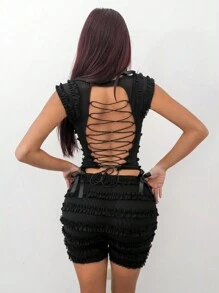 SHEIN Unity 女士夏季純色圓領對稱荷葉邊上衣和短褲休閒套裝 - 黑色 - 查看 3