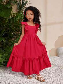 SHEIN Leap Crew SLAYR Young Girl Young Girl Chet Faker Music Festival Woven Solid Color Square Neck Sleeveless Long Dress - Red - View 2