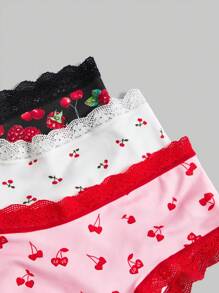 ROMWE Kawaii 3入組草莓櫻桃印花蕾絲三角褲 - 彩色 - 查看 4