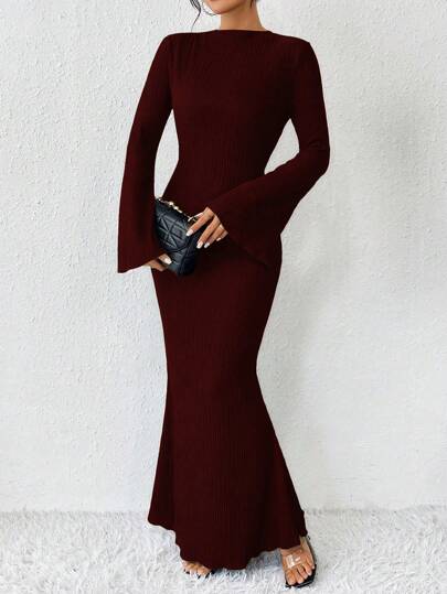 RosyDaze Women's Solid Color Stand Collar Bell Sleeves Mermaid Hemline Elegant Long Dress Maxi Women Outfit Fall Cloth For Women