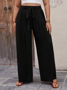 SHEIN VCAY 加大碼休閒純色腰帶褶皺寬腿褲 - 黑色 - 查看 1