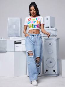 SHEIN PETITE Women's Loose-Fit Casual Wide Leg Denim Jeans With Waist Tie And Distressed Details - Light Wash - View 5