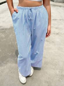 SHEIN EZwear 女性大碼寬鬆款式藍白直條紋長褲，夏季 - 藍色 - 查看 1