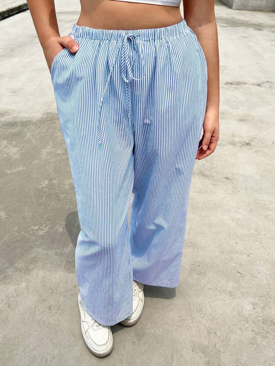 SHEIN EZwear 女性大碼寬鬆款式藍白直條紋長褲，夏季 - 藍色 - 查看 1