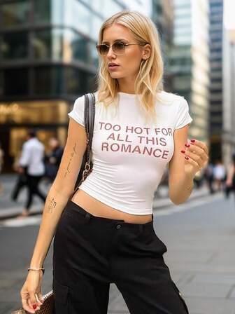 Women Short Sleeve T-Shirts Letter Print Round Neck Casual Shirts Summer Slim Fit Tops