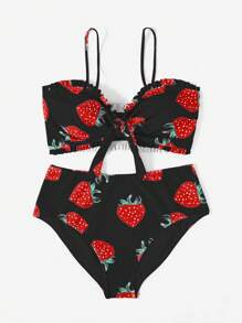 Swim Mod 大尺碼女裝時尚草莓印花比基尼套裝，配蕾絲修邊
