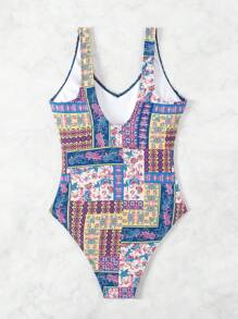 SHEIN Swim Đồ bơi một mảnh có thắt lưng cổ chữ V có in họa tiết toàn thân, hoàn hảo khi đi biển và hồ bơi vào mùa hè - Nhiều màu - Xem 5