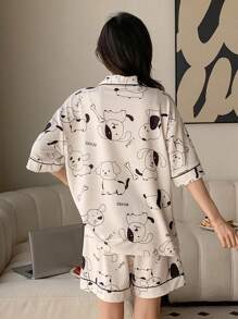 DAZY Của phụ nữ Dễ thương In con chó Viền tương phản Nút phía trước Ngắn tay Áo Và Quần short Bộ mặc nhà - Màu be - Xem 2