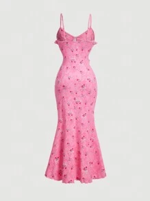 SHEIN MOD Summer Floral Printed Asymmetrical Hem Cami Dress With Frill Trim - Pink - View 2