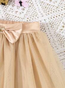 SHEIN Young Girl 2pcs  & Elegant Camisole Top With Pearl Adorned Mesh Hem + Asymmetrical  Tulle Hem Satin Ribbon Butterfly Skirt Set - Apricot - View 4