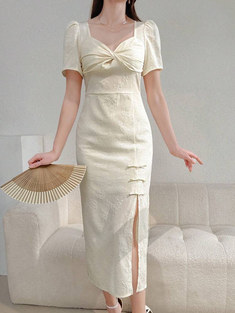 Women's Summer Elegant Floral Jacquard Puff Sleeve Twisted Sweetheart Neck High Slit Dress