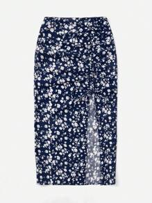 SHEIN VCAY Plus Size Women's Ditsy Floral Drawstring Waist Slit Hem Long Skirt For Vacation