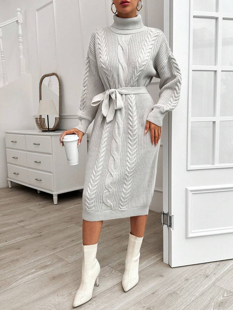 RueChic Solid Color Long Sleeve Turtleneck Twisted Belted Maxi Woolen Knit Dress - Apricot - View 1