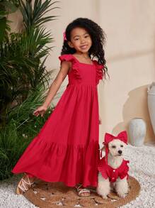 SHEIN Leap Crew SLAYR Young Girl Young Girl Chet Faker Music Festival Woven Solid Color Square Neck Sleeveless Long Dress - Red - View 6