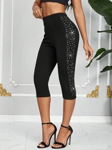 SHEIN Lady Women's Summer Fashionable Rhinestone Sparkle Leggings - Black - View 3