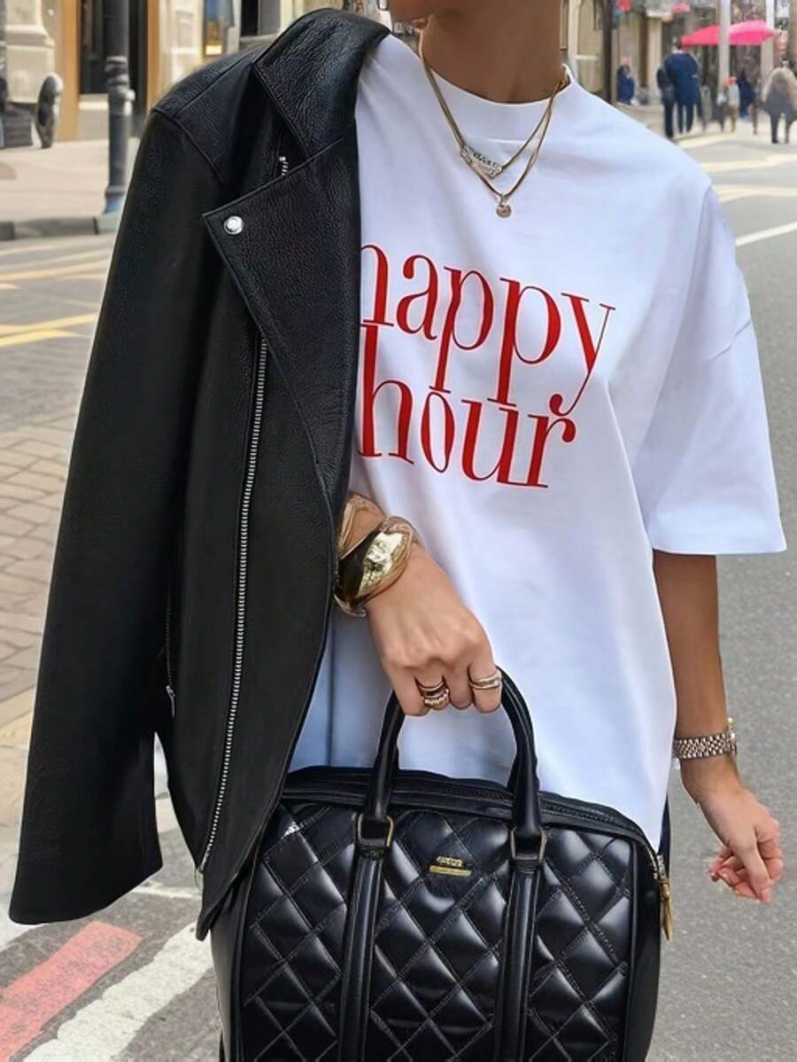 INAWLY 韩国简约 INS 风格女式 T 恤街头个性圆领上衣 - 白色 - 查看 1