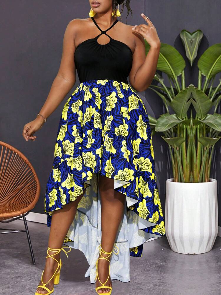 Plus Size Tie-Back Halter Neck High-Low Printed Dress