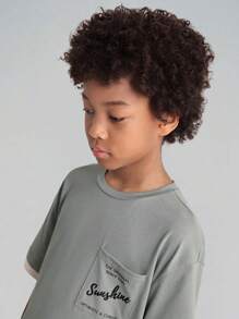 SHEIN Tween Boys' Knitted Patchwork Letter Print Loose Fit T-Shirt With Pocket - Multicolor - View 3