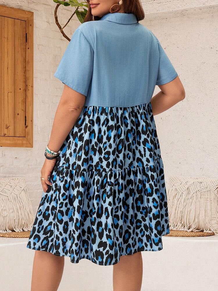 Plus Size Summer Holiday Leisure Leopard Print Spliced Front Button Shirt Dress