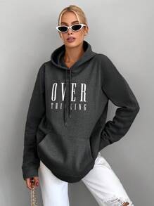 RueChic Cotton Text Graphic Drawstring Hooded Sweatshirt