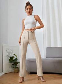 SHEIN PETITE Hög Midja Byxor med Utsvängda Ben - Beige - Visa 3