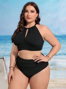 Swim Lushoire Ensemble bikini grande taille à encolure ras-du-cou couleur unie pour femme avec bas séparés pour plage d'été