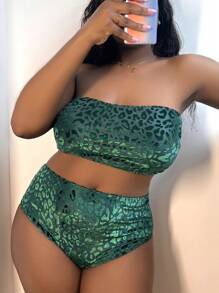 Slaydiva Plus Size Women's Stylish Leopard Print Bikini Swimwear Set - Dark Green - View 1