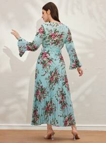 Modelyn Floral Print Ruffle Sleeves Summer Pleated Dress Maxi Women Outfit Long Evening Dresses Fall Cloth For Women - Blue - View 2