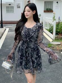 DAZY 女士度假雪纺花卉印花长袖连衣裙，前系带，荷叶边透视，休闲女装，秋季连衣裙 - 黑色 - 查看 7