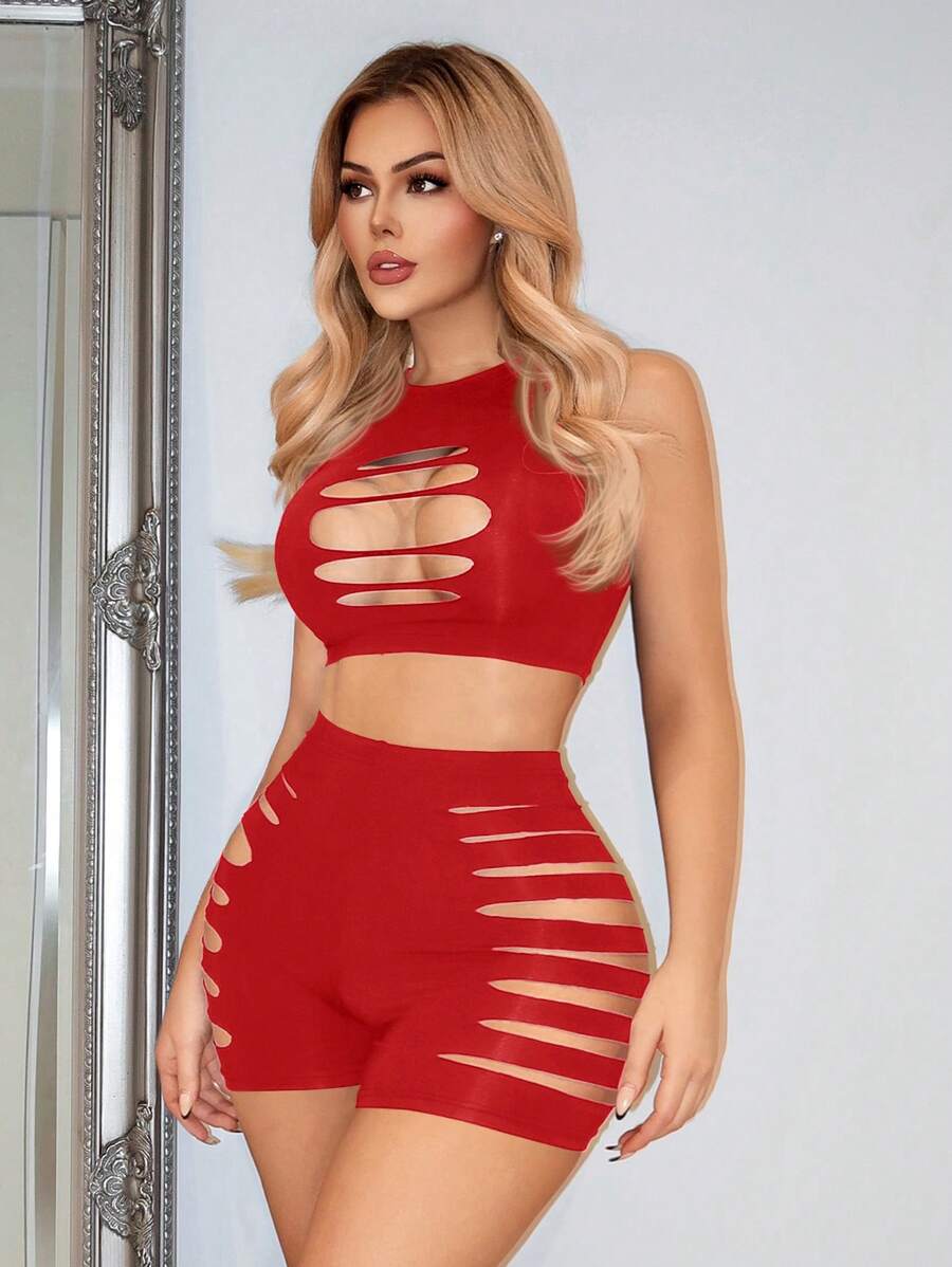 SHEIN SXY 女士性感露肩實色背心短褲套裝-中空設計