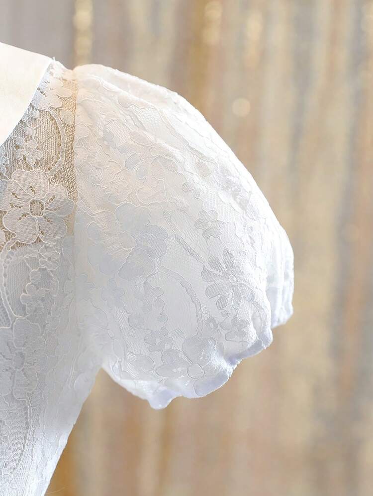 Vestido elegante y lindo de verano para niña preadolescente con cuello Peter Pan, manga corta globo y encaje de contraste - Blanco - Añade 6