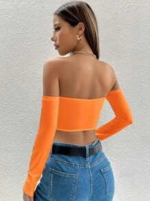 SHEIN PETITE Solid Off Shoulder Crop Off Shoulder Top - Orange - View 2