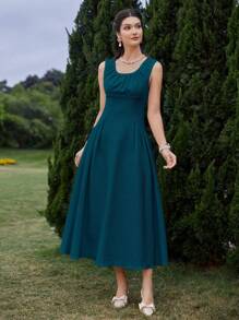 Modelyn Women's Summer Solid Color Sleeveless A-Line Midi Dress With Pleated Detail And Cinched Waist Long Evening Dresses - Teal Blue - View 4
