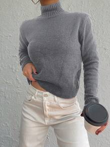 EURMUSE High Neck Drop Shoulder Sweater - Grey - View 4