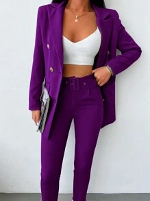 EURMUSE Double Breasted Blazer & Belted Pants - Purple - View 6