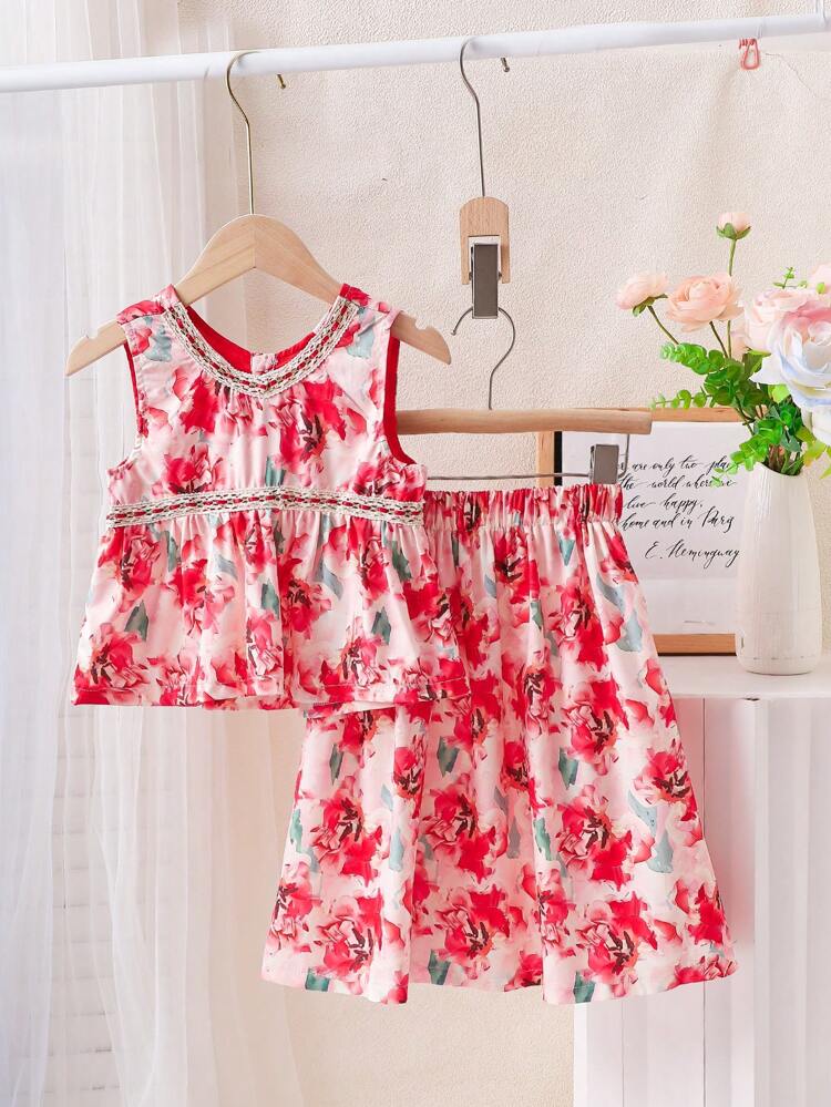 Young Girl Summer Floral Sleeveless Top + Allover Print Skirt Set, Casual Beach Vacation Outfits