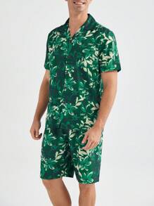 男士全印花短袖衫和短褲家居服套裝 - 綠色 - 查看 1
