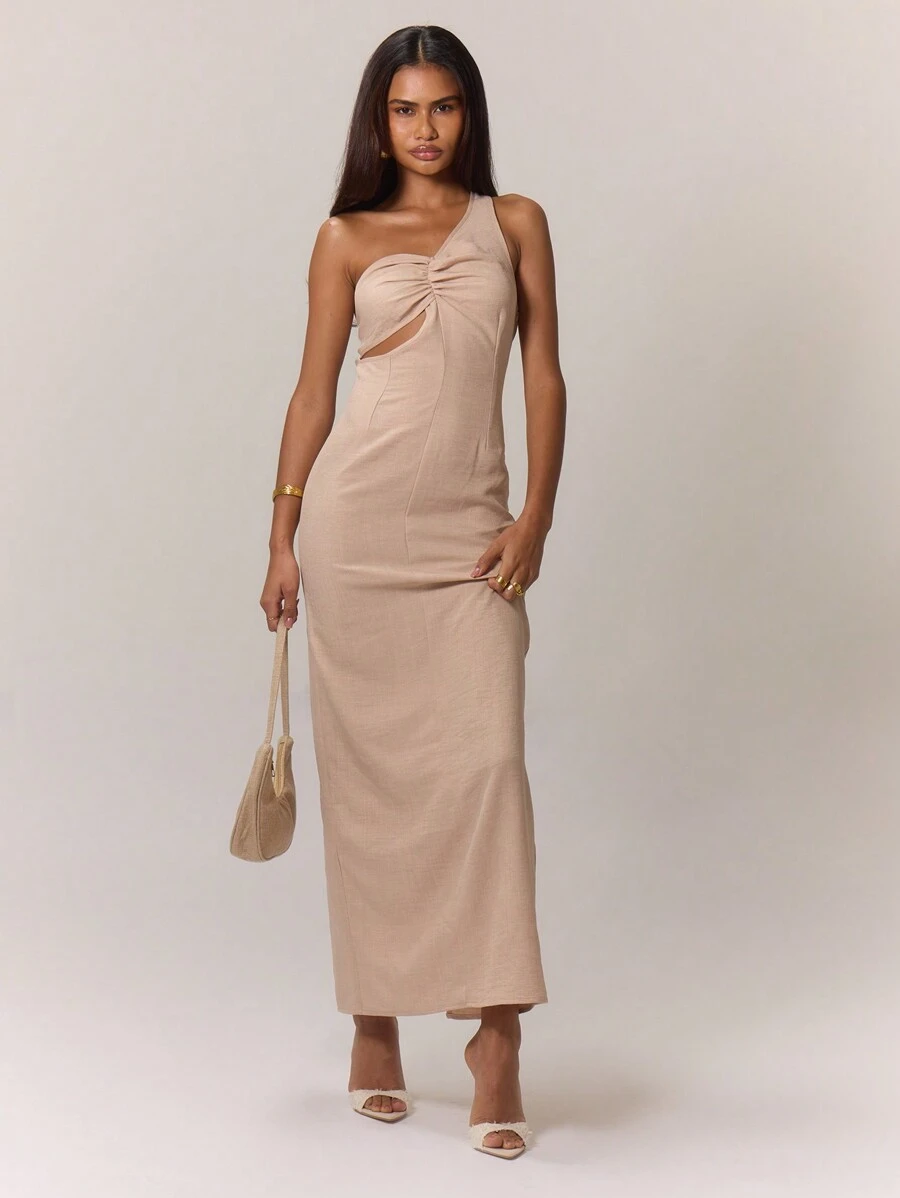MUSERA Vestido longo elegante de tecido plano com decote assimétrico e franzido, perfeito para primavera, verão, férias, festas e formaturas. - Caqui - Ver 1