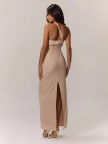 MUSERA Vestido longo elegante de tecido plano com decote assimétrico e franzido, perfeito para primavera, verão, férias, festas e formaturas. - Caqui - Ver 2