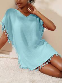 Swim Vcay Women's Summer Solid Color Fringe Decorated Side Slit Beach Cover-Up Dress,Summer Beach - Baby Blue - View 4