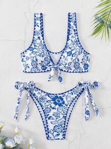 Swim Vcay Damski dwuczęściowy zestaw bikini z kwiatowym nadrukiem i nadrukiem z przodu na lato - Niebieski i biały - Zobacz 3